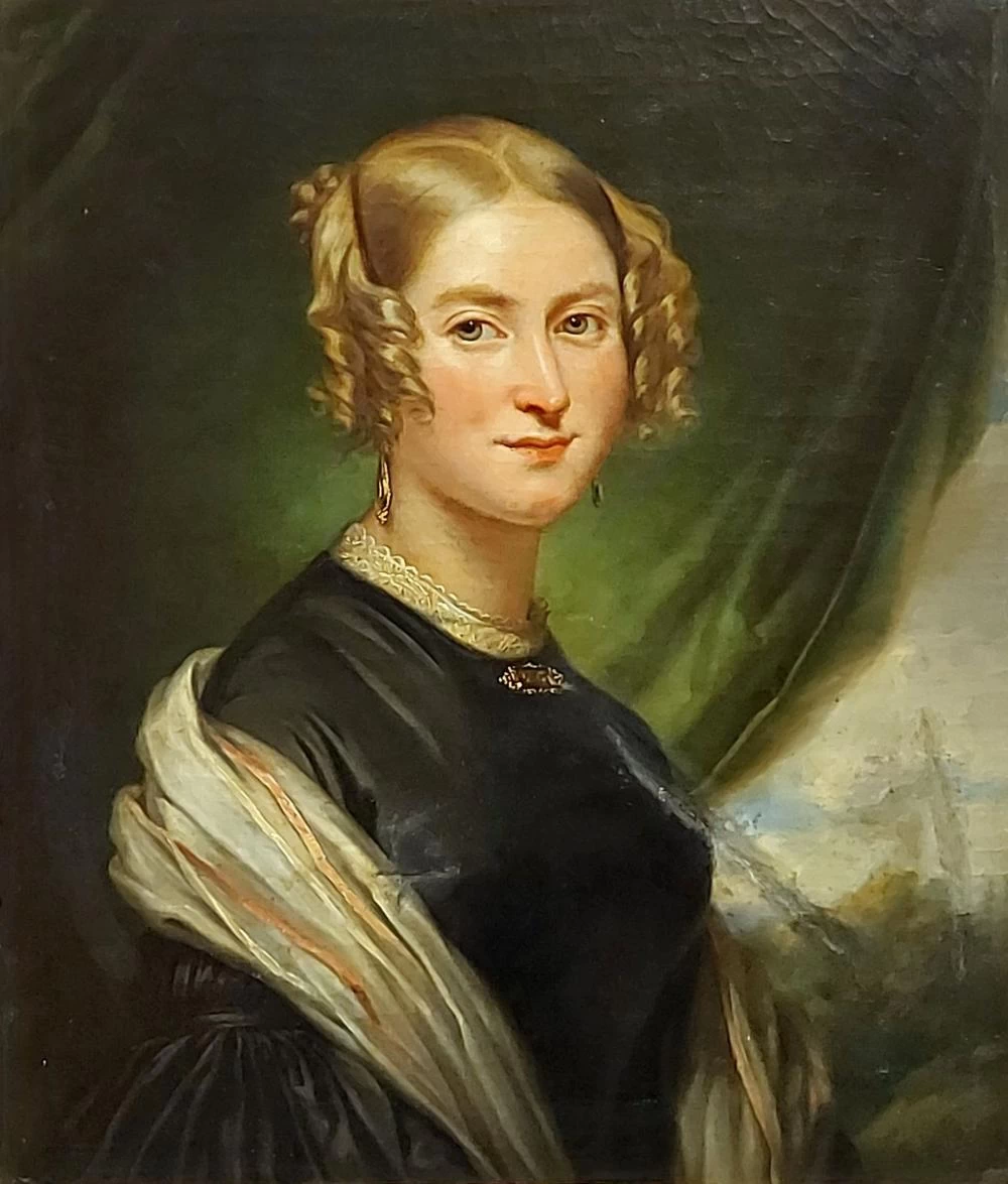 Ritratto di una giovane donna su uno sfondo di tenda verde, 183